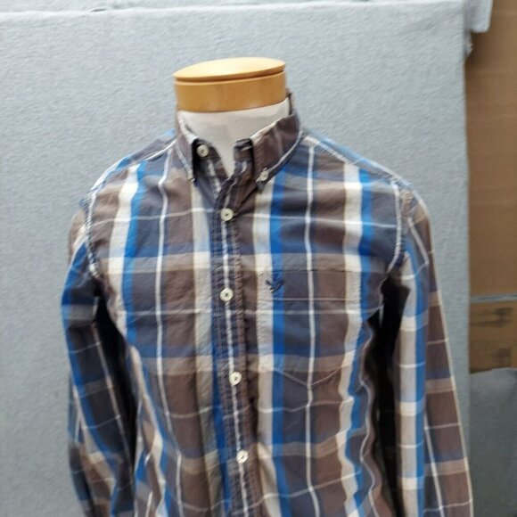 American Eagle Mens Outfitters Shirts Sz M Long Sleeve Prep Fit Blue Brown Plaid - Picture 2 of 6